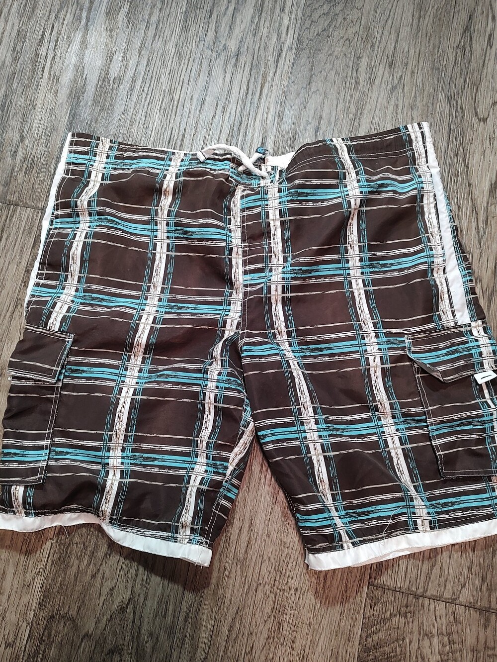 Banana Split Men's Brown Plaid Swim Trunks with Turquoise Accents Size XL